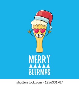 Merry beermas vector christmas greeting card with beer glass cartoon character and red santa hat isolated on blue background.  Vector adult christmas beer party poster design template