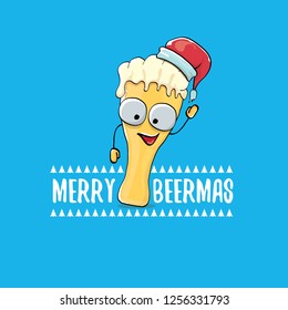 Merry beermas vector christmas greeting card with beer glass cartoon character and red santa hat isolated on blue background.  Vector adult christmas beer party poster design template