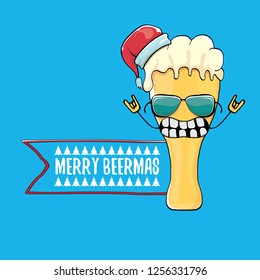 Merry beermas vector christmas greeting card with beer glass cartoon character and red santa hat isolated on blue background.  Vector adult christmas beer party poster design template