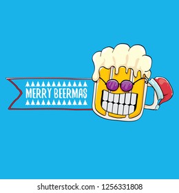 Merry beermas vector christmas greeting card with beer glass cartoon character and red santa hat isolated on blue background.  Vector adult christmas beer party poster design template