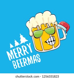 Merry beermas vector christmas greeting card with beer glass cartoon character and red santa hat isolated on blue background.  Vector adult christmas beer party poster design template
