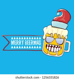 Merry beermas vector christmas greeting card with beer glass cartoon character and red santa hat isolated on blue background.  Vector adult christmas beer party poster design template