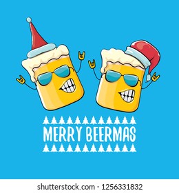 Merry beermas vector christmas greeting card with beer glass cartoon character and red santa hat isolated on blue background.  Vector adult christmas beer party poster design template