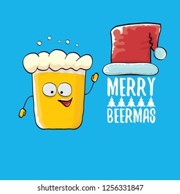 Merry beermas vector christmas greeting card with beer glass cartoon character and red santa hat isolated on blue background.  Vector adult christmas beer party poster design template