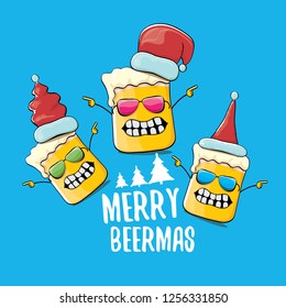 Merry beermas vector christmas greeting card with beer glass cartoon character and red santa hat isolated on blue background.  Vector adult christmas beer party poster design template