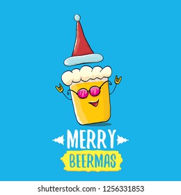Merry beermas vector christmas greeting card with beer glass cartoon character and red santa hat isolated on blue background.  Vector adult christmas beer party poster design template