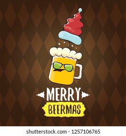 Merry beermas vector christmas greeting card with beer glass cartoon character and red santa hat isolated on brown background. Vector funky christmas beer party poster design template - Vector