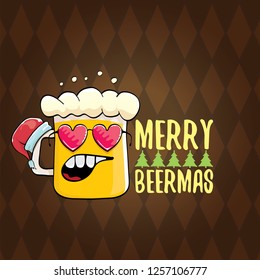 Merry beermas vector christmas greeting card with beer glass cartoon character and red santa hat isolated on brown background. Vector funky christmas beer party poster design template - Vector