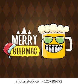 Merry beermas vector christmas greeting card with beer glass cartoon character and red santa hat isolated on brown background. Vector funky christmas beer party poster design template - Vector