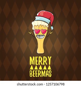 Merry beermas vector christmas greeting card with beer glass cartoon character and red santa hat isolated on brown background. Vector funky christmas beer party poster design template - Vector