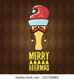 Merry beermas vector christmas greeting card with beer glass cartoon character and red santa hat isolated on brown background. Vector funky christmas beer party poster design template - Vector
