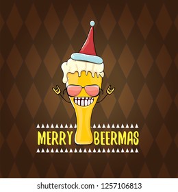 Merry beermas vector christmas greeting card with beer glass cartoon character and red santa hat isolated on brown background. Vector funky christmas beer party poster design template - Vector