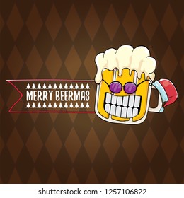 Merry beermas vector christmas greeting card with beer glass cartoon character and red santa hat isolated on brown background. Vector funky christmas beer party poster design template - Vector