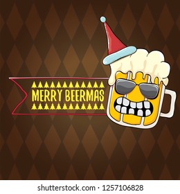 Merry beermas vector christmas greeting card with beer glass cartoon character and red santa hat isolated on brown background. Vector funky christmas beer party poster design template - Vector