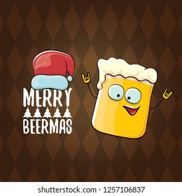 Merry beermas vector christmas greeting card with beer glass cartoon character and red santa hat isolated on brown background. Vector funky christmas beer party poster design template - Vector