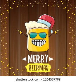 Merry beermas vector christmas greeting card with beer glass cartoon character and red santa hat isolated on wooden background. Vector funky christmas beer party poster design template 