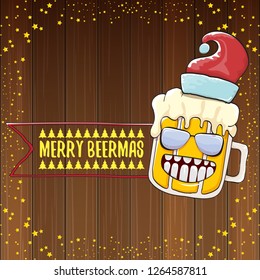 Merry beermas vector christmas greeting card with beer glass cartoon character and red santa hat isolated on wooden background. Vector funky christmas beer party poster design template 