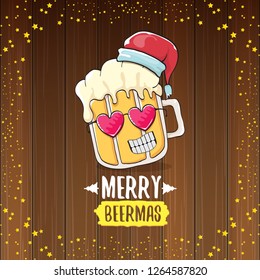 Merry beermas vector christmas greeting card with beer glass cartoon character and red santa hat isolated on wooden background. Vector funky christmas beer party poster design template 
