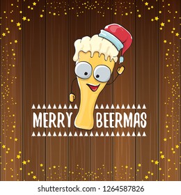 Merry beermas vector christmas greeting card with beer glass cartoon character and red santa hat isolated on wooden background. Vector funky christmas beer party poster design template 