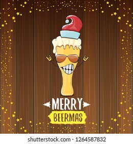 Merry beermas vector christmas greeting card with beer glass cartoon character and red santa hat isolated on wooden background. Vector funky christmas beer party poster design template 