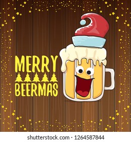 Merry beermas vector christmas greeting card with beer glass cartoon character and red santa hat isolated on wooden background. Vector funky christmas beer party poster design template 