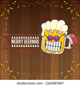 Merry beermas vector christmas greeting card with beer glass cartoon character and red santa hat isolated on wooden background. Vector funky christmas beer party poster design template 