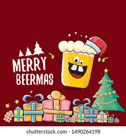 Merry beermas vector christmas greeting card with beer glass cartoon character and red santa hat isolated on red background. Vector funky christmas beer party poster design template 