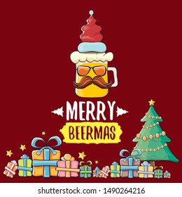 Merry beermas vector christmas greeting card with beer glass cartoon character and red santa hat isolated on red background. Vector funky christmas beer party poster design template 
