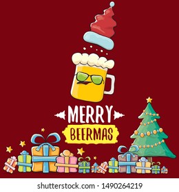 Merry beermas vector christmas greeting card with beer glass cartoon character and red santa hat isolated on red background. Vector funky christmas beer party poster design template 