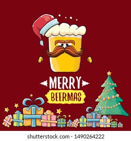 Merry beermas vector christmas greeting card with beer glass cartoon character and red santa hat isolated on red background. Vector funky christmas beer party poster design template 
