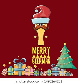 Merry beermas vector christmas greeting card with beer glass cartoon character and red santa hat isolated on red background. Vector funky christmas beer party poster design template 