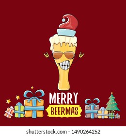 Merry beermas vector christmas greeting card with beer glass cartoon character and red santa hat isolated on red background. Vector funky christmas beer party poster design template 