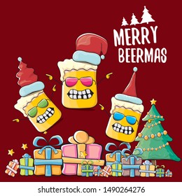 Merry beermas vector christmas greeting card with beer glass cartoon character and red santa hat isolated on red background. Vector funky christmas beer party poster design template 
