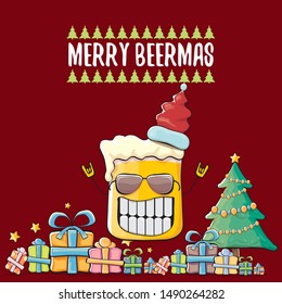 Merry beermas vector christmas greeting card with beer glass cartoon character and red santa hat isolated on red background. Vector funky christmas beer party poster design template 