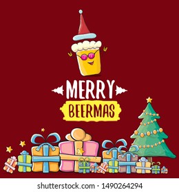 Merry beermas vector christmas greeting card with beer glass cartoon character and red santa hat isolated on red background. Vector funky christmas beer party poster design template 