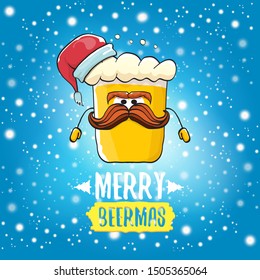 Merry beermas vector christmas greeting card with beer glass cartoon character and red santa hat isolated on blue sky background with snow. Vector funky christmas beer party poster design template 