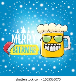 Merry beermas vector christmas greeting card with beer glass cartoon character and red santa hat isolated on blue sky background with snow. Vector funky christmas beer party poster design template 