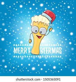 Merry beermas vector christmas greeting card with beer glass cartoon character and red santa hat isolated on blue sky background with snow. Vector funky christmas beer party poster design template 