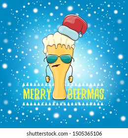 Merry beermas vector christmas greeting card with beer glass cartoon character and red santa hat isolated on blue sky background with snow. Vector funky christmas beer party poster design template 