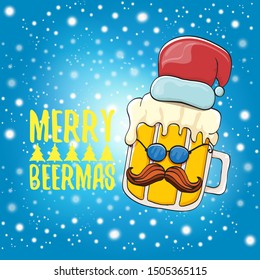 Merry beermas vector christmas greeting card with beer glass cartoon character and red santa hat isolated on blue sky background with snow. Vector funky christmas beer party poster design template 