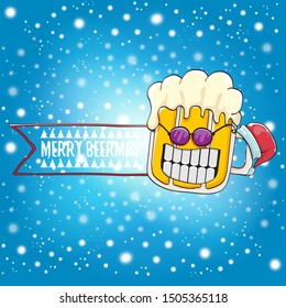 Merry beermas vector christmas greeting card with beer glass cartoon character and red santa hat isolated on blue sky background with snow. Vector funky christmas beer party poster design template 