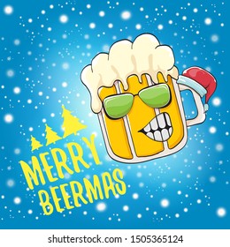 Merry beermas vector christmas greeting card with beer glass cartoon character and red santa hat isolated on blue sky background with snow. Vector funky christmas beer party poster design template 