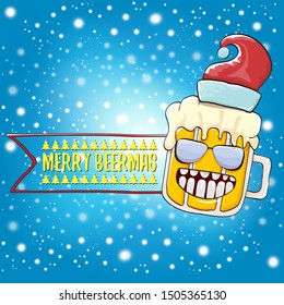 Merry beermas vector christmas greeting card with beer glass cartoon character and red santa hat isolated on blue sky background with snow. Vector funky christmas beer party poster design template 
