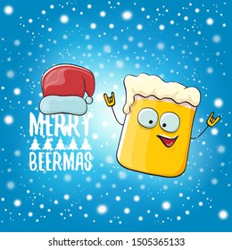 Merry beermas vector christmas greeting card with beer glass cartoon character and red santa hat isolated on blue sky background with snow. Vector funky christmas beer party poster design template 