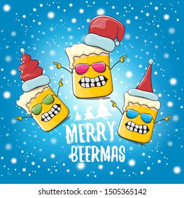 Merry beermas vector christmas greeting card with beer glass cartoon character and red santa hat isolated on blue sky background with snow. Vector funky christmas beer party poster design template 