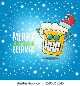 Merry beermas vector christmas greeting card with beer glass cartoon character and red santa hat isolated on blue sky background with snow. Vector funky christmas beer party poster design template 