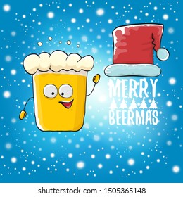 Merry beermas vector christmas greeting card with beer glass cartoon character and red santa hat isolated on blue sky background with snow. Vector funky christmas beer party poster design template 