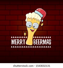 Merry beermas vector christmas greeting card with beer glass cartoon character and red santa hat isolated on brick wall background . Vector funky christmas beer party poster design template 