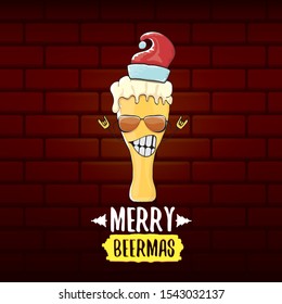 Merry beermas vector christmas greeting card with beer glass cartoon character and red santa hat isolated on brick wall background . Vector funky christmas beer party poster design template 