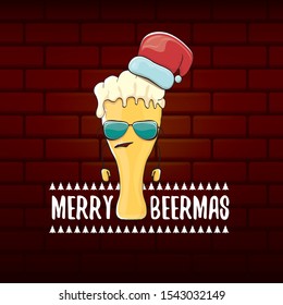 Merry beermas vector christmas greeting card with beer glass cartoon character and red santa hat isolated on brick wall background . Vector funky christmas beer party poster design template 